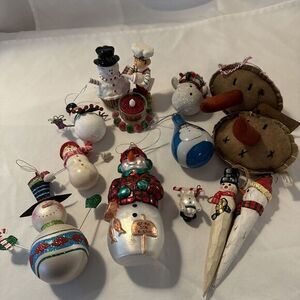 Christmas Snowman Ornaments Lot of 12 metal glass cloth kitschy‎ country classic
